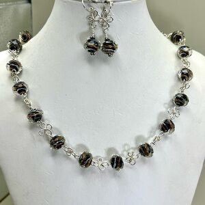 Elegant Sterling Silver and Black Beaded Necklace and Earring Set